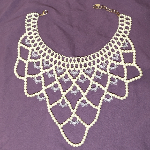 Faux Pearl & Crystal Beaded Weave Bib Necklace - Picture 4 of 8